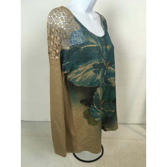 French Bazaar Top Women Size L Tan Blue Sequins Crochet Shoulders Long Sleeves - Picture 2 of 13